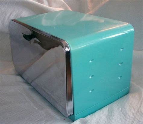 vintage retro metal bread box cream with small turquoise squares|Vintage Retro Turquoise Metal Bread Box .